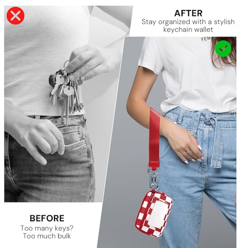 YDF Keychain Wallet for Women Mini Zip Card Holder with ID Window, Coin Purse, Detachable Wristlet, Small Organizer Wallet,red checkered - color: Red Checkerboard