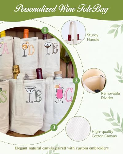 Personalized 2 Bottle Wine Gift Tote Bags w/Name- Wine Cooler Carrier for Travel, BYOB Restaurant, Wine Tasting, Party, Dinner, Gift for Wedding, Wine Lovers for Women & Men
