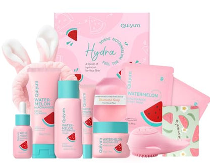 QUIYUM Watermelon Skin Care Kit for Teens Girls, 8 Daily Routine Beauty Skincare- Gift Set with Cleanser, Toner, Eye Cream, Moisturizer, Serum, 2 Facial Mask, Soap, Hydrate, Oil Control, Glow, Smooth - size: 7 Pieces