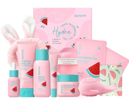 QUIYUM Watermelon Skin Care Kit for Teens Girls, 8 Daily Routine Beauty Skincare- Gift Set with Cleanser, Toner, Eye Cream, Moisturizer, Serum, 2 Facial Mask, Soap, Hydrate, Oil Control, Glow, Smooth - size: 7 Pieces