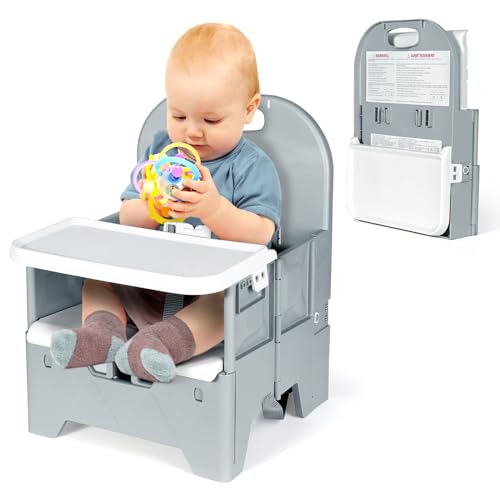Orzbow Portable High Chair with Tray, Grey | Foldable Booster Seat, For Travel Toddlers 6-36 Months, For Dining Table, Camping, Beach, Up to 33 lbs - color: Grey - No Cushion