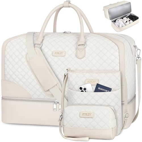 ITIEZY Weekender Overnight Bag for Women - Large Travel Duffel Bag with Shoe Compartment, Gym Duffel Bag Hospital Bag Carry On Tote Bags for Airplanes with Crossbody Bag Toiletry Bag 3Pcs Set - color: 9-White