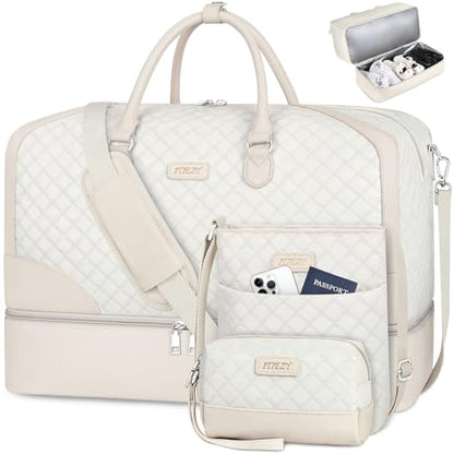ITIEZY Weekender Overnight Bag for Women - Large Travel Duffel Bag with Shoe Compartment, Gym Duffel Bag Hospital Bag Carry On Tote Bags for Airplanes with Crossbody Bag Toiletry Bag 3Pcs Set - color: 9-White