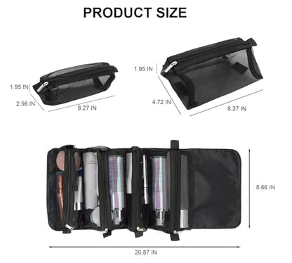 Roll Up Makeup Bag, Hanging Toiletry Bag, 4 in 1 Detachable Cosmetic Bag, 4 Removable Storage Bags, Travel Makeup Organizer Bags for Women Men(Black) - color: Black