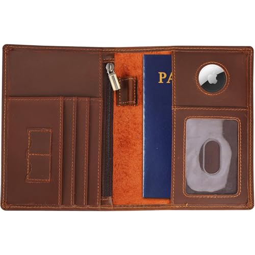 STAR VISTA Phoenix Leather Passport Holder, Full Grain Leather Travel Wallet - Slim, Bifold, RFID Blocking, ID Window, Coin Pocket, Card Slots, SIM Slots, AirTag Holder - color: Brown Cowhide AirTag