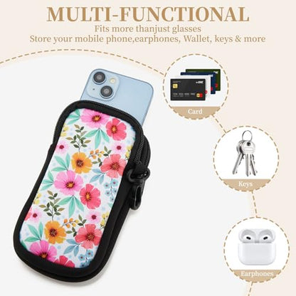 QIUTIMIY Sunglasses Soft Case Zipper Double Eyeglass Case with 2 Compartments 1 Belt Clip - color: White Flower