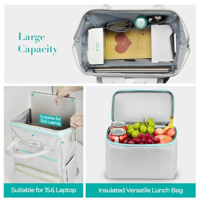 ETRONIK Lunch Backpack, 15.6 Inch Laptop Backpack, Stylish Nurse Teacher Work Bag with Insulated Cooler Lunch Box for Women Men, College Backpack for Travel, Grey Blue