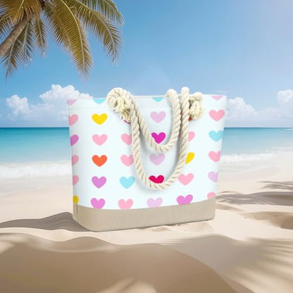 Fokongna Tote Bag For Women, Beach Bag Best Friend Travel Birthday Gifts, Travel Parties Vacation Shopping Essentials - color: Pastel Hearts Print