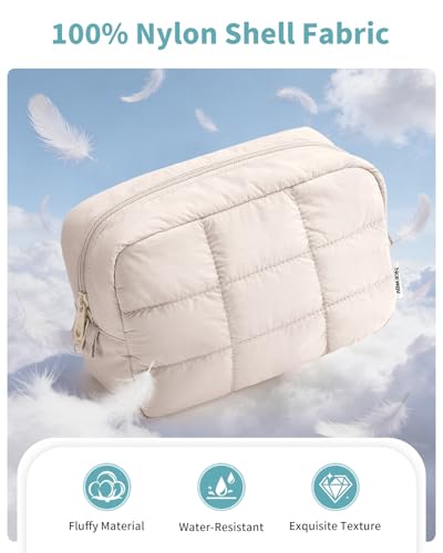 Narwey Puffer Travel Makeup Bag for Women Girl, Quilted Puffy Cosmetic Bag Make Up Bag Organizer, Cute Travel Toiletry Bag for Toiletries (Beige) - color: Beige