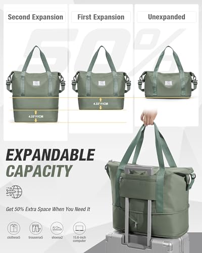 Expandable Travel Duffle Bag for Women Men, Large Gym Bag Travel Tote Bags, Waterproof Carry On Personal Item Bag Airline Approved, Workout Weekender Bag for Overnight Trips with Luggage Sleeve, Green - color: C-Green
