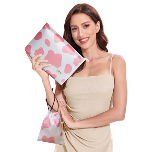 WLLWOO WLLWOO 2pcs Travel Make Up Bags-Cosmetic Bag Nylon Waterproof Large Wide Zipper Coin Purse Travel Toiletry Small Makeup Pouch For Women - color: Pink Cow