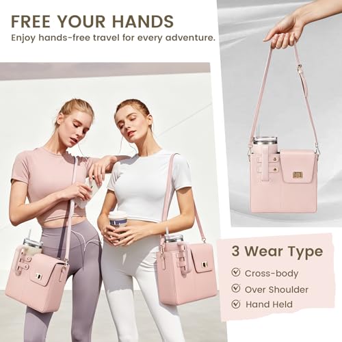 Outdoor Portable Crossbody Water Cup Purse Bag Water Bottle Carrier Bag with Phone Pocket Tumbler Carrier with Strap - color: Baby Pink