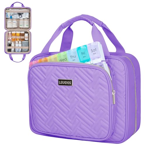 Leudes Travel Pill Bottle Organizer,Medicine Organizer and Storage,Home Medication Bag, Cases,Carrier for Pills,Vitamin,Fish Oil,Supplements for Women and Men (Large, Purple) - color: Purple, size: Large