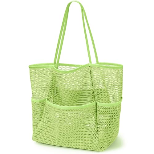KPX Beach Bag with Mini Pocket, Summer Beach Tote Bags for Women Large Foldable Mesh Swimming Pool Travel Bags - Sandproof - color: Green