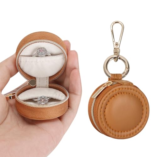 KUKUVR Jewelry Ring Holder Box with Keychain, Portable Gym Jewelry Storage Box Case, Small Travel Ring Earring Stud Necklace Storage Case (Brown) - color: Brown