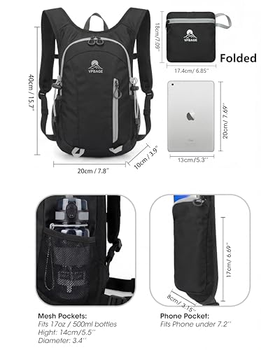 Foldable Small Hiking Backpack with 3 Strap Pockets – Lightweight 300D Spill-proof Daypack for Men Women – Packable Small Travel Backpack with Chest Strap & Trekking Pole Holder – Durable Outdoor Bag - color: Black