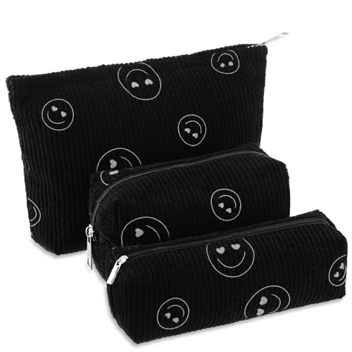 Huhumy 3 Pcs Makeup Bag Set for Women Corduroy Cosmetic Pouch Aesthetic Smile Travel Toiletry Bag Cute Purse Pouch Pencil Case Makeup Brushes Storage Organizer with Zipper(Black,Smile Face) - color: Black, style: Smile Face