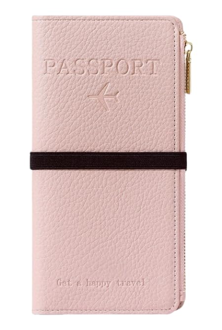 DOB SECHS Leather Passport Wallet for Women, RFID Blocking Passport Holder with Zipper for Travel, Credit Card Cover Case, Travel Document Organizer Pouch Bag +ID Window+Cash Pocket+SIM Slot, Pink - color: Pink-1