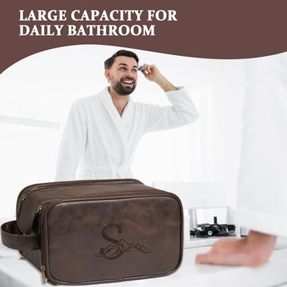 Janhavi Personalized Toiletry Bag for Men, Beach Vacation Travel Essentials, Waterproof Toiletry Bag with Hook, Laser Engraved Initials & Mountain, Shower Bag Birthday Gifts For Him (Dark Brown B) - color: Dark Brown, style: B