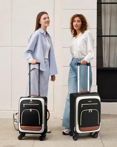 LOVEVOOK Luggage Set 2 Piece, Carry on Luggage Airline Approved, 22 & 26.5 Inch Large Rolling Suitcase with Garment Bag, Lightweight Underseat Carryon Luggage for Women Travel with TSA Lock - color: Black-beige-brown, size: 22+26.5 inch（2-Piece Set）