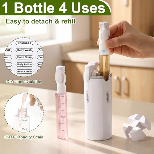 Domensi 4 in 1 Travel Dispenser with 4 Pack 30ml Travel Bottles and Label Refillable & Leak Proof Portable Toiletry Containers with Locks for Shampoo Lotion Conditioner Cream (White) - color: White