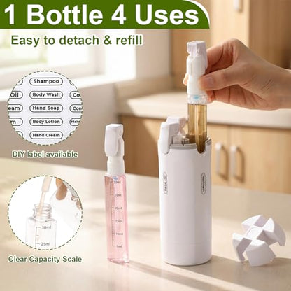 Domensi 4 in 1 Travel Dispenser with 4 Pack 30ml Travel Bottles and Label Refillable & Leak Proof Portable Toiletry Containers with Locks for Shampoo Lotion Conditioner Cream (White) - color: White