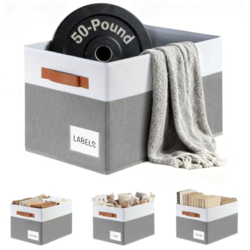 Criusia Large Closet Storage Baskets for organizing 4 Pack, Non-Dust-Absorbing Closet Shelf Organizer Bins with Handles & Labels - Decorative Collapsible Baskets for Living Room Bedroom Nursery Dorm - color: Grey with White