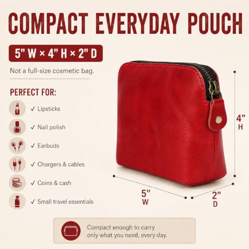Full Grain Leather Cosmetic Bag – Zippered Makeup Pouch for Women, Small Travel Toiletry & Organizer Pouch for Purse, Premium Handmade Leather (5 × 4 × 2.5 in) - color: Red