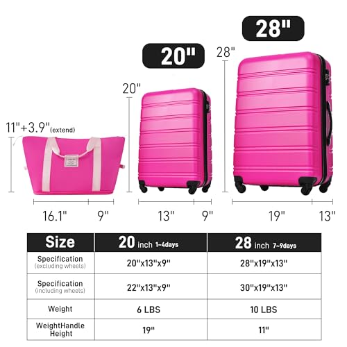 Merax Luggage sets of 3 Piece 20 28 IN Carry on Luggage Hard Case Pink Luggage Expandable Checked Luggage Suitcase Set with Wheels - color: Pink, size: 3-Piece Set(20+28IN+Bag)