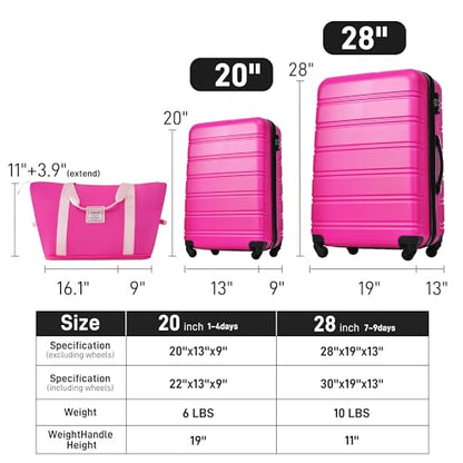 Merax Luggage sets of 3 Piece 20 28 IN Carry on Luggage Hard Case Pink Luggage Expandable Checked Luggage Suitcase Set with Wheels - color: Pink, size: 3-Piece Set(20+28IN+Bag)