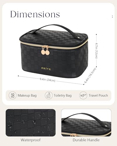 Prite Makeup Bag, Large Capacity Cosmetic Bag for Women and Girls, Waterproof PU Leather Travel Case with Handle, Divider for Skincare and Brushes - Checkered Black - color: Checkered Black