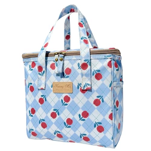 Kwang Min Floral Insulated Lunch Bag for Women,Reusable Lunch Box,Large Cooler for Office,Picnic Outdoors,Premium Quality Waterproof Fabric,Ideal Gift for Outdoors and work (Blue Gingham Check) - color: Blue Gingham Check