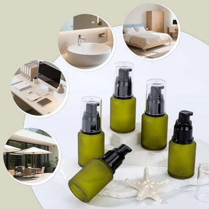 Segbeauty 1oz Frosted Glass Empty Travel Size Containers for Creams, 5pcs Refillable Lotion Pump Bottle Dispenser, 30ml Small Liquid Travel Containers, Green Mini Lotion Container Pump Dispensers - color: Green, style: 5pcs 1oz