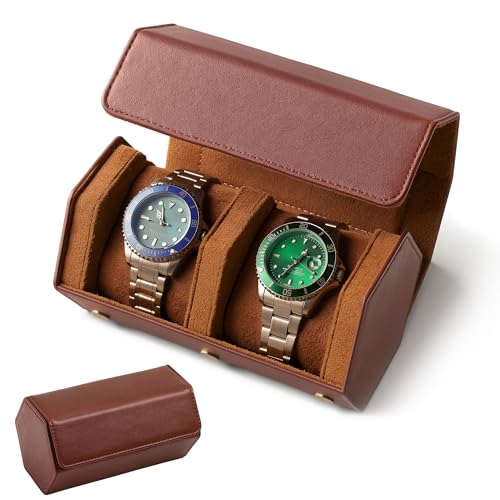 Leather Watch Roll for 2 Watches - Velvet-Lined Travel Case, Luxury Watch Rolls Organizer with Storage & Display for Men (2 Slot-Brown) - color: 2 Slot-Brown