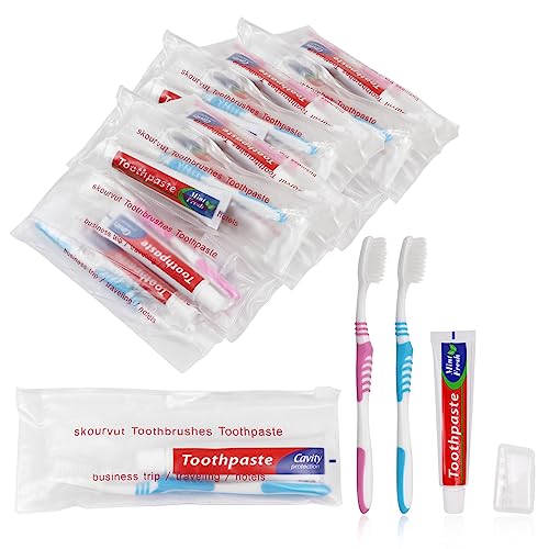 Disposable Toothbrushes with 45 Grams Toothpaste Individually Wrapped, Travel Kit White Plastic Zip Bag,Toothbrush Head Cover, Bulk Toothbrush for Homeless,Travel,Shelter,Air Bnb,Hotel,Guest (20)