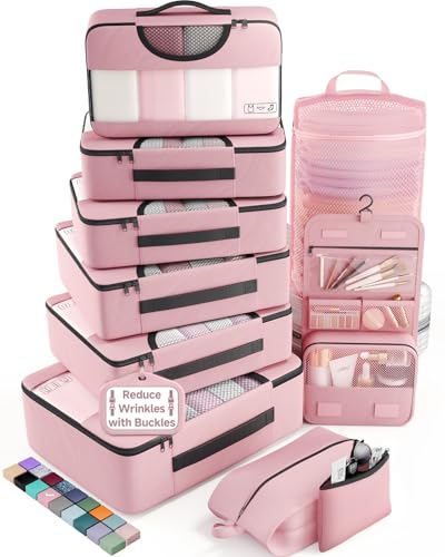 Veken 10 Set Packing Cubes for Cruise Ship Essentials,Beach Vacation Travel Accessories with Hanging Toiletry Bag,Suitcase Organizer for Luggage,Personalized Birthday & Retirement Gifts for Women Mom - color: 03 Pink