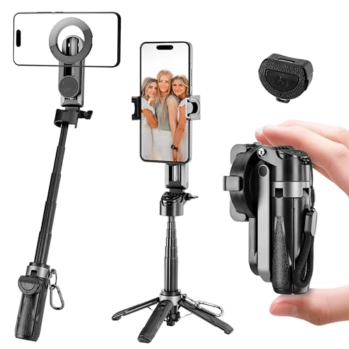 Magnetic Tripod for Phone,2 in 1 for Magsafe Stand＆ Clip Portable Pocket Size Selfie Stick for Android/iPhone,Phone Holder with Wireless Rechargeable Remote Control for Photography, Live Streaming - color: Gray
