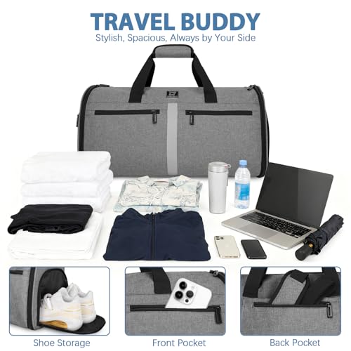 Garment Bags for Travel,50L Carry on Convertible Garment Duffle bag with Shoulder Strap,3 in 1 Hanging Suit Travel Bag with Shoulder Strap - color: Grey
