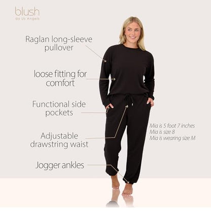 Blush by Us Angels 2 Piece Jogger Lounge Set for Women | Women's Travel Sweatsuit - Lightweight, Cozy Loungewear - color: Black, size: Large