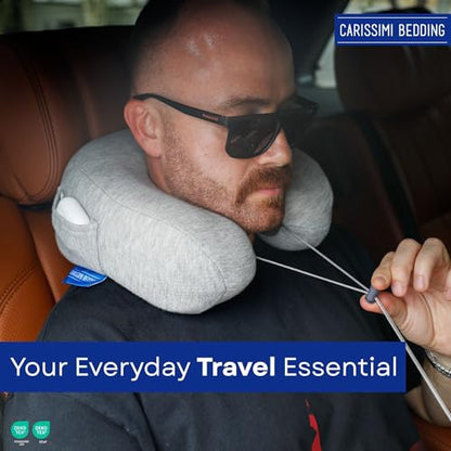 Travel Neck Pillow with Bag – Compact Memory Foam Neck Pillow for Airplane, Car and Office – Ergonomic Design for Travel Comfort and Shoulder & Neck Support