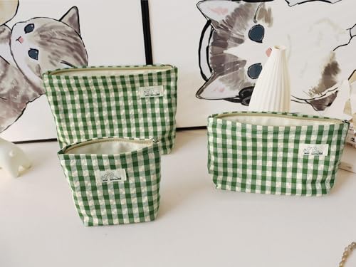 HAPPYHEIDI Large Cute Green Checker Makeup Bag with Compartment Cosmetic Travel Pouch, Nylon Fabric, Purse Organizer, Canvas Lined, Beige Plaid - color: 001 SX427 Green Gingham Canvas