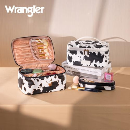 Montana West X Wrangler Travel Makeup Bag 2pcs Set Large Cosmetic Bag with Makeup Brush Holder Portable Make Up Organizer Cute Toiletry Bag with Divider and Handle for Women - color: Cow-Brown