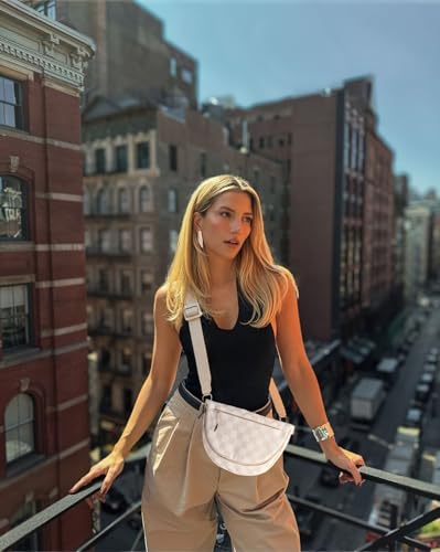 Crescent Bag for Women and Men, Fashion Medium Nylon Folding Crescent Moon Bag Single Shoulder Bag with Adjustable Strap - color: Crossbody bag- Beige Checkered