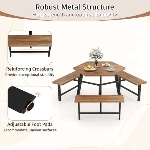 Tangkula 6 Person Acacia Wood Picnic Table, Outdoor Hexagonal Table and Bench Set with 3 Built-in Benches, Umbrella Hole & Metal Frame for Patio Backyard Garden Poolside