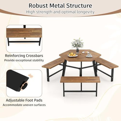 Tangkula 6 Person Acacia Wood Picnic Table, Outdoor Hexagonal Table and Bench Set with 3 Built-in Benches, Umbrella Hole & Metal Frame for Patio Backyard Garden Poolside