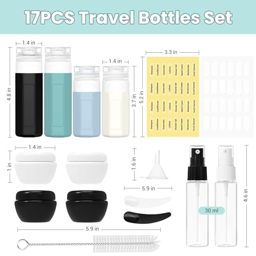17 Pack Travel Bottles - TSA Approved Travel Size Toiletries, Leak Proof Containers for Toiletries, Silicone Squeezable Container for Shampoo, Body Wash, Lotion & Conditioner - Blue