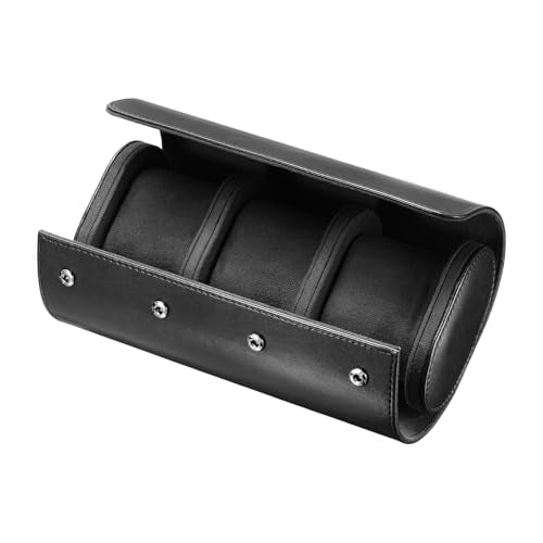 uxcell Leather Watch Travel Case Single Watch Roll Storage Box Organizer for Men Women Holding Storaging Displaying, 3 Slot, Black - color: Black, size: 20.5x10x7 cm
