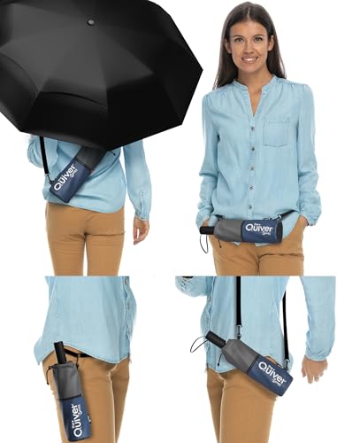 Repel Windproof Travel Umbrella - Compact & Withstands Winds up to 100MPH , Strongest Premium Auto Folding Umbrella for Rain and Sun - Durable, Light & Portable for Women & Men , Fits Backpack & Cars - color: Black Umbrella + Black & Navy Carrying Sling