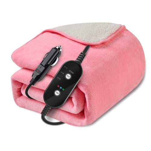 12V/24V Heated Car Blanket, Electric Blanket Flannel Heating Throw for Car, SUV, RV, or Camping, 60" x 44", Hi/M/Lo Heating Settings, Auto-Off Timer,Pink - color: Pink