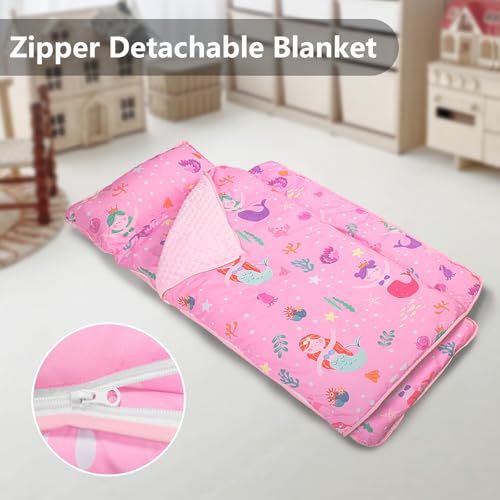 Primlect Toddler Nap Mat Extra Large Thickened 55''x35'', Soft Sleeping Bag with Detachable Minky Blanket and Pillow, Portable for Daycare, Preschool, Kindergarten, Travel, Boys and Girls - color: Pink Mermaid